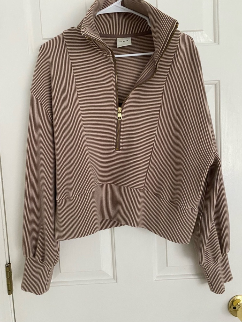 Varley Ribbed Half-Zip Pullover in Taupe Stripe - Picture 2 of 6
